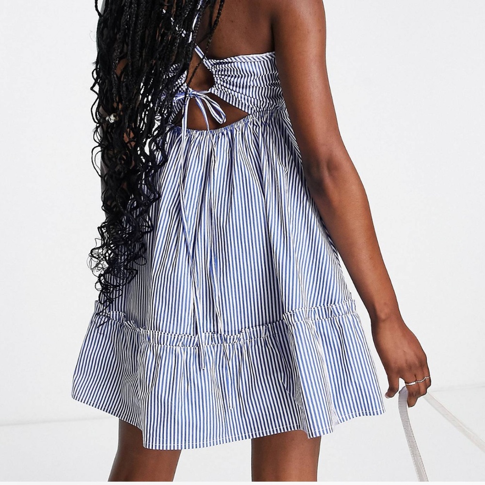 Shirred Stripe Backless Strappy Mini Dress